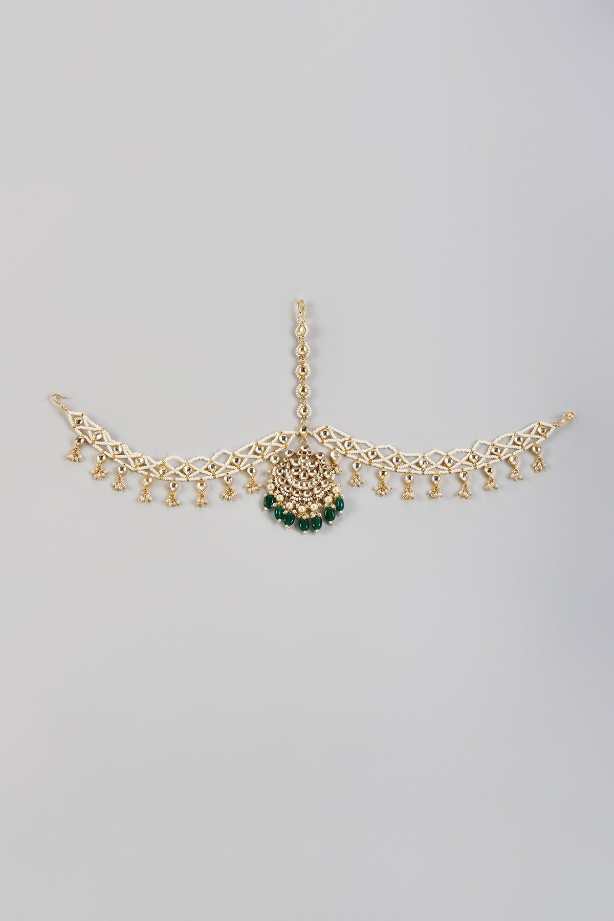 Gold Plated Kundan Polki & Green Beaded Mathapatti