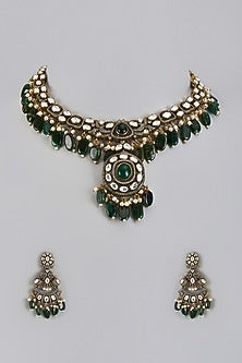 Two-Tone Finish Kundan Polki & Green Beaded Necklace Set
