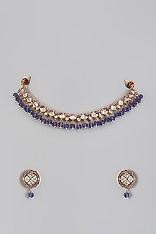 Gold Plated Kundan Polki & Blue Beaded Necklace Set