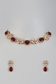 Gold Plated Kundan Polki & Ruby Stone Necklace Set