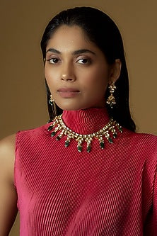 Gold Plated Kundan Polki & Green Natural Stone Necklace Set