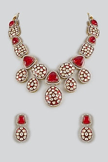 Gold Plated Kundan Polki Red Meenakari Necklace Set