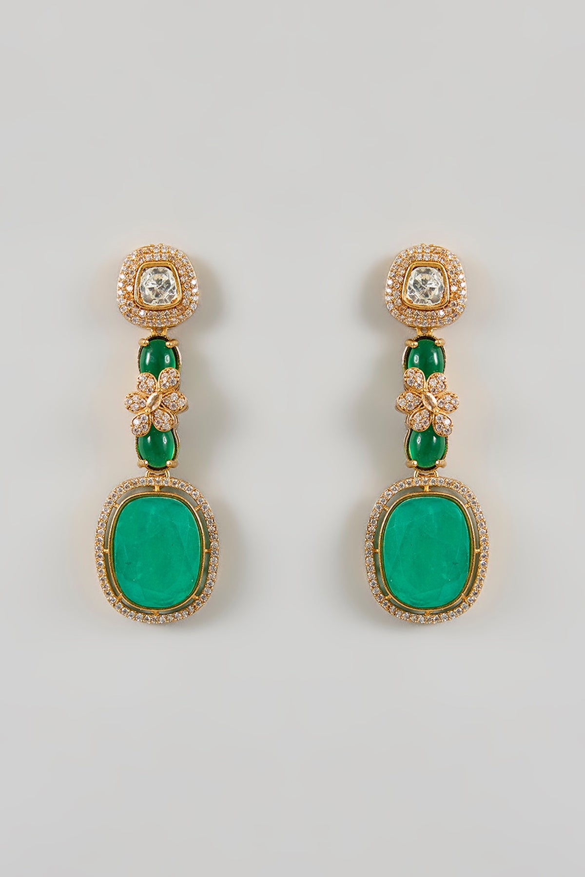 Gold Plated Green Stone & Kundan Polki Dangler Earrings