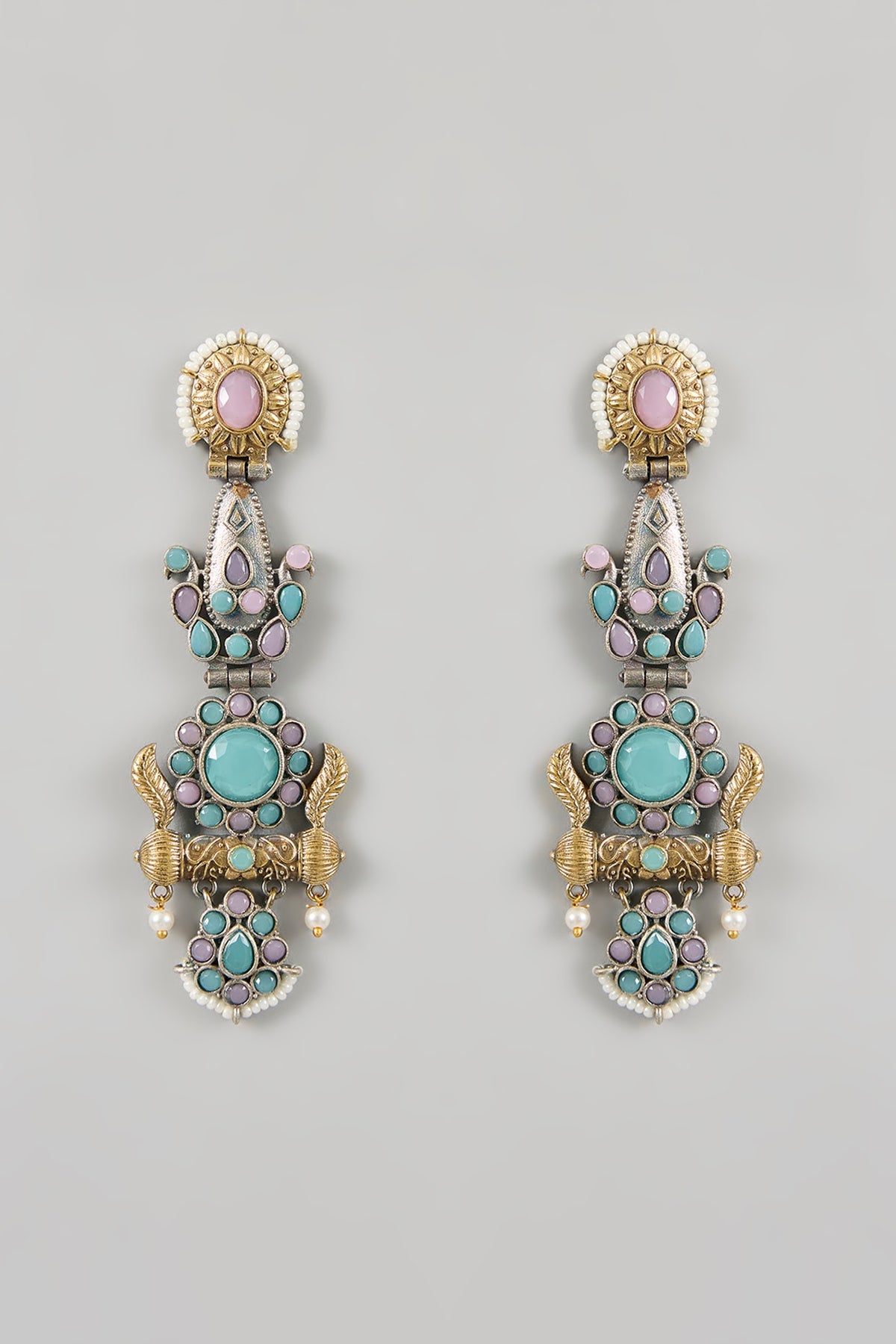 Two Tone Finish Green & Pink Stone Dangler Earrings