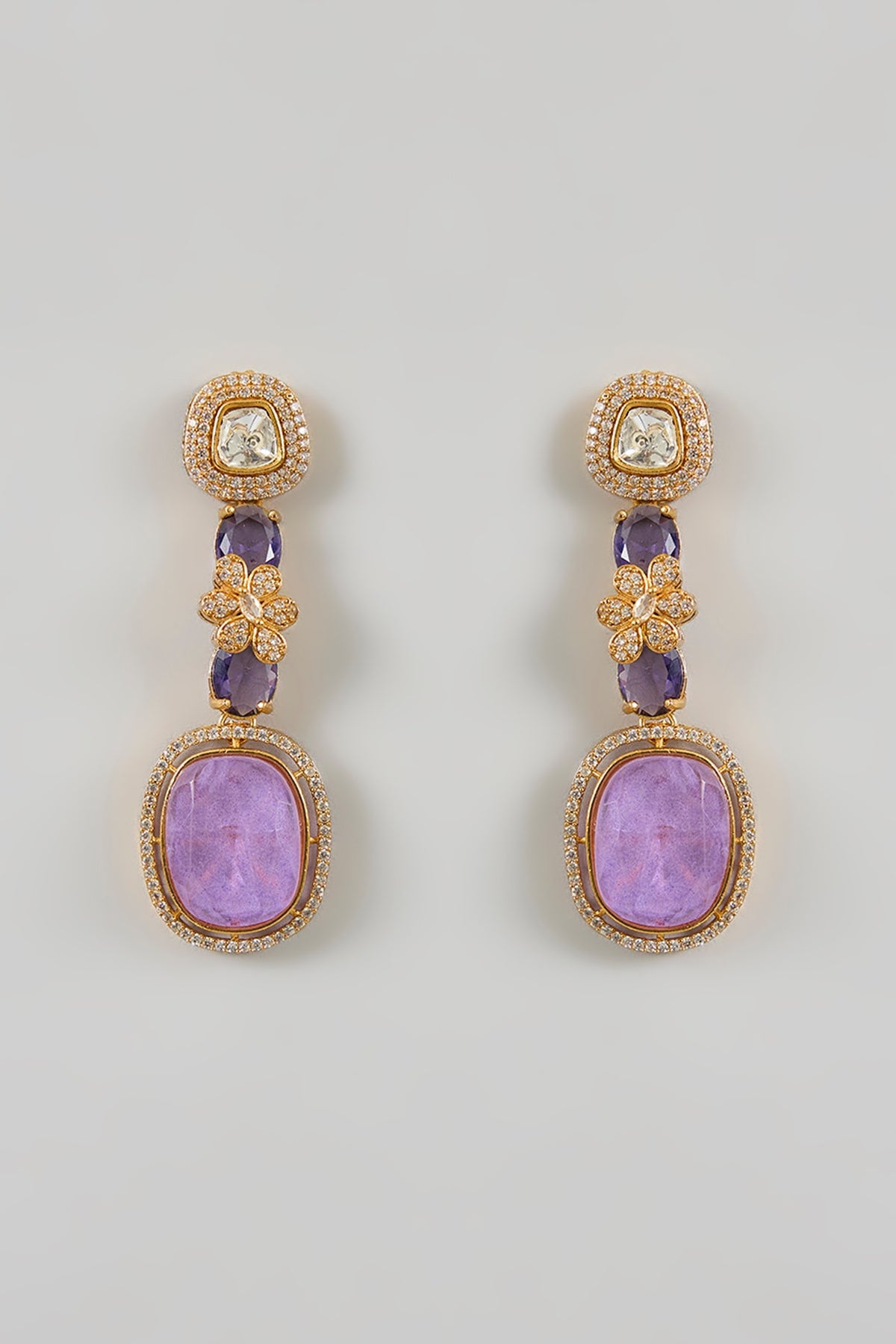 Gold Plated Kundan Polki & Purple Stone Dangler Earrings