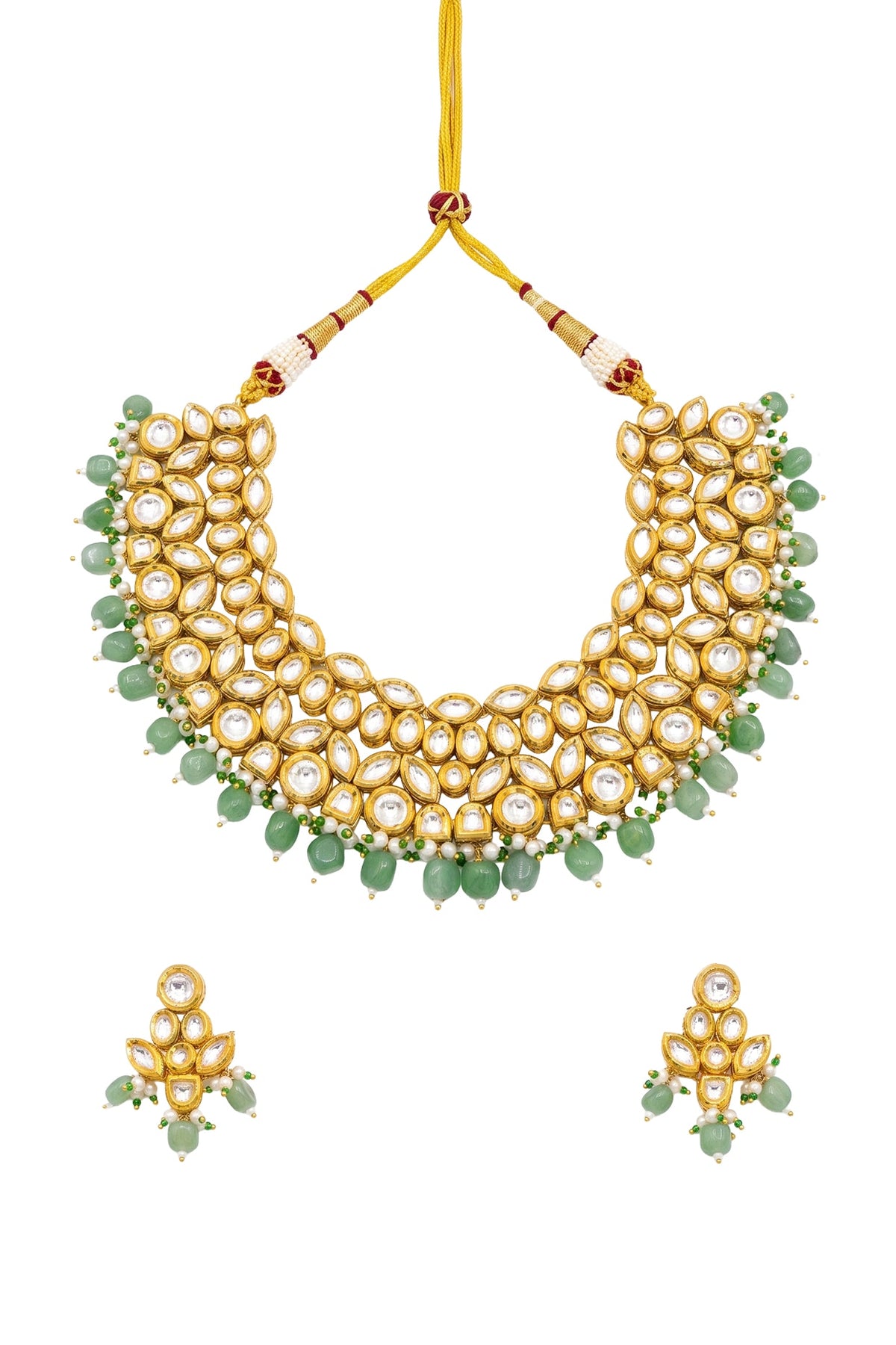 Gold Plated Kundan Polki & Emerald Stone Necklace Set