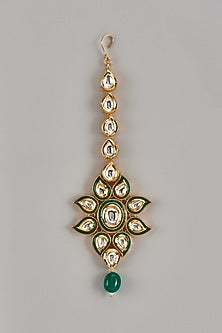 Gold Plated Kundan Polki & Emerald Beaded Meenakari Maang Tikka