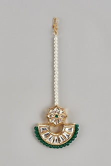 Gold Plated Kundan Polki & Emerald Beaded Maang Tikka