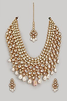 Gold Plated Kundan Polki & Pearl Drop Long Necklace Set