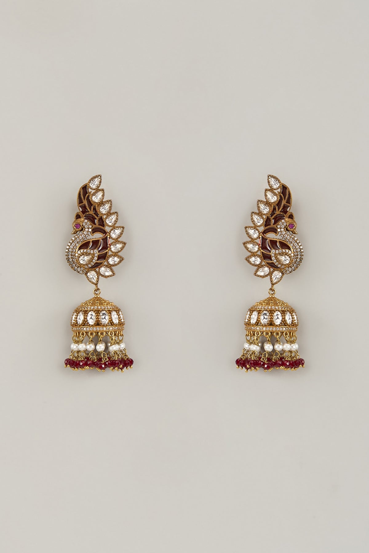 Two-Tone Finish Kundan Polki & Ruby Beaded Jhumka Earrings