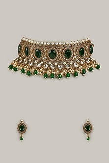 Gold Plated Kundan Polki & Green Stone Choker Necklace Set