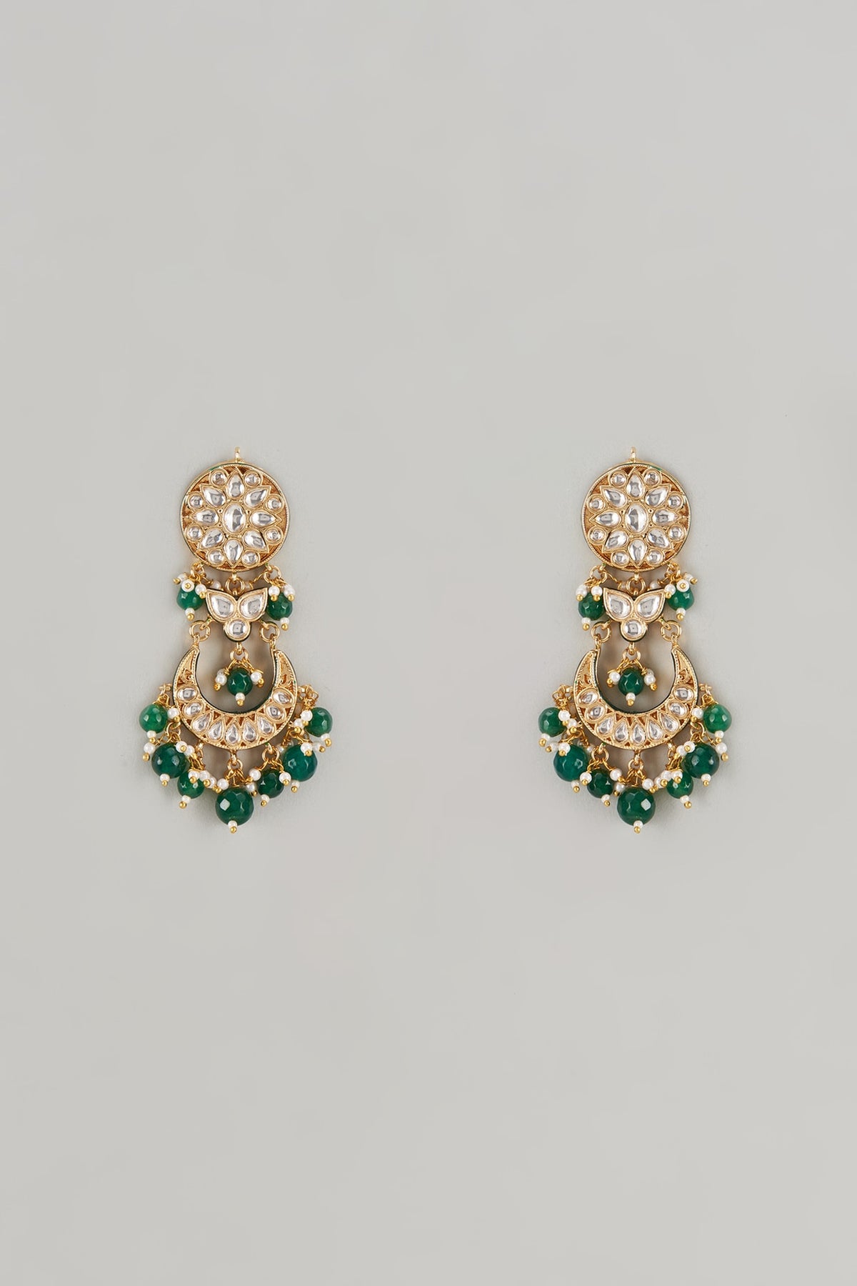 Gold Plated Kundan Polki & Green Beaded Meenakari Dangler Earrings