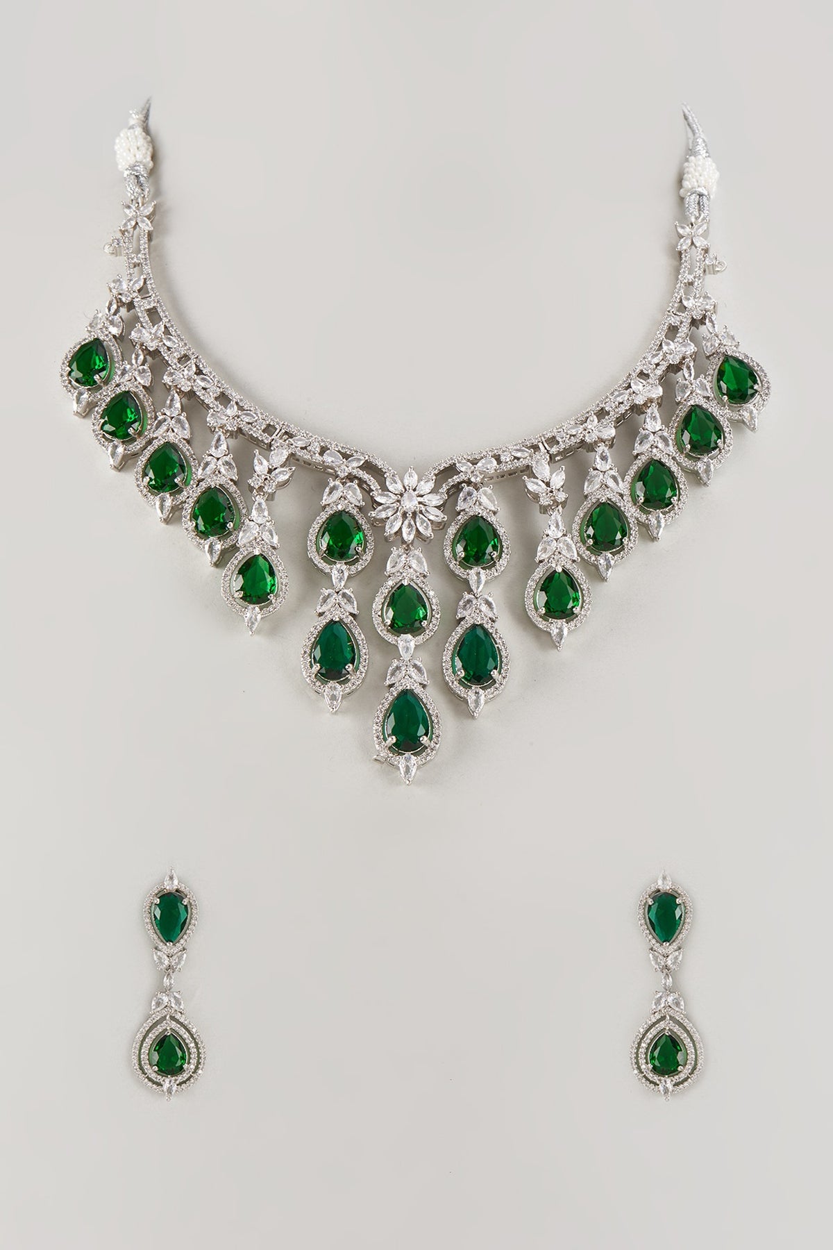 White Finish Cubic Zirconia & Emerald Stone Necklace Set