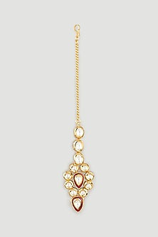 Gold Finish Kundan Polki Red Enamelled Maangtikka