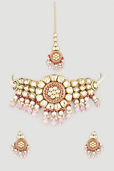 Gold Plated Pink Stone Choker Necklace Set