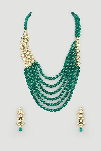 Gold Finish Emerald Green Stone Enamelled Multi-Layered Necklace Set
