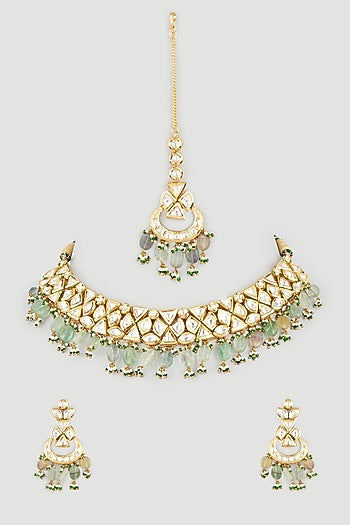 Gold Plated Mint Beaded Necklace Set