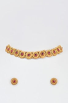 Gold Plated Ruby Kemp Stone Temple Necklace Set