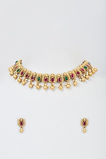 Gold Plated Ruby & Emerald Kemp Stone Temple Necklace Set
