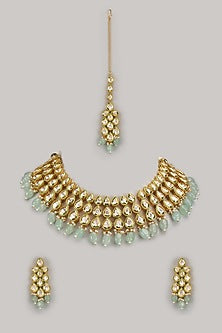 Gold Plated Kundan Polki & Green Beaded Necklace Set