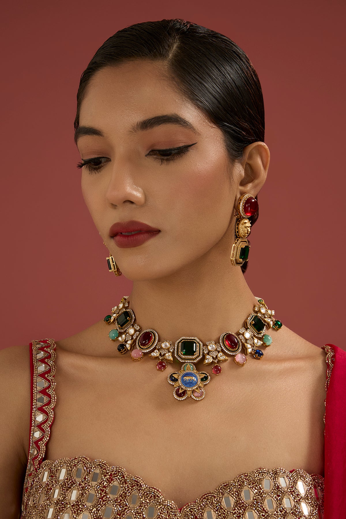 Gold Plated Kundan Polki & Multi-Colored Stone Necklace Set