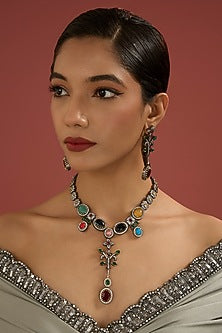 Two Tone Finish Kundan Polki & Multi-Colored Stone Necklace Set