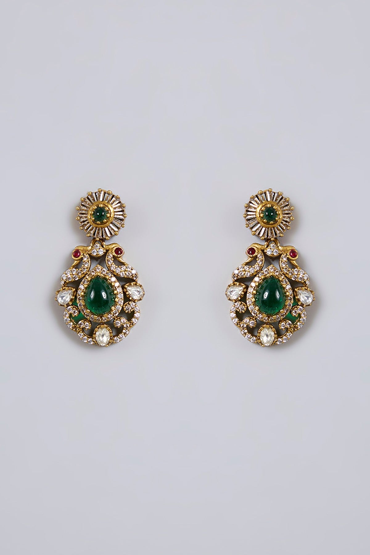 Antique Gold Finish Green & Red Stone Necklace Set