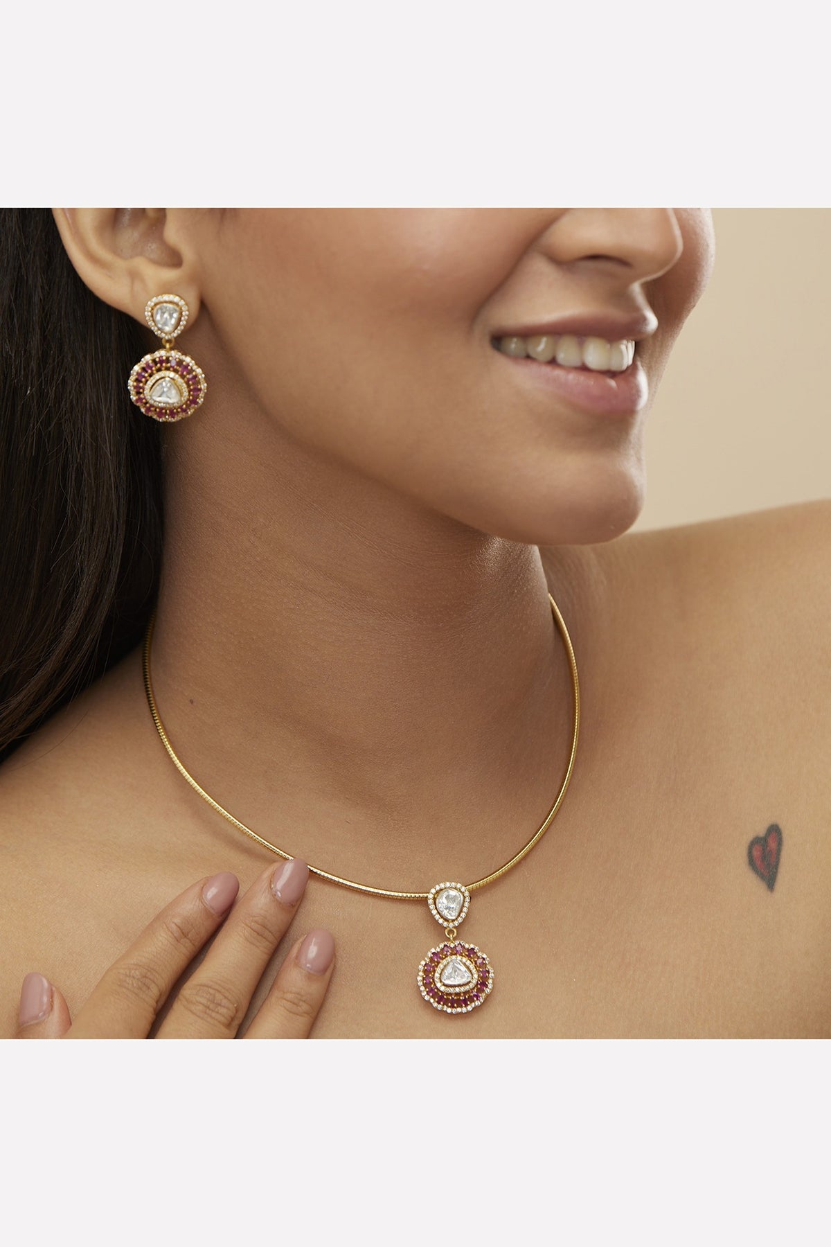 Gold Plated Green Moissanite Polki & Pink Semi-Precious Stone Pendant Necklace Set In Sterling Silver