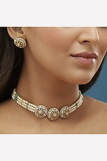 Gold Plated Pearl & Green Moissanite Polki Choker Necklace Set In Sterling Silver