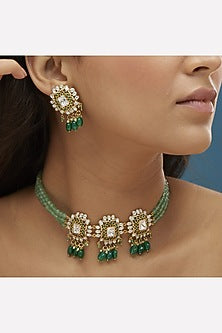 Gold Plated Pearl & Green Moissanite Polki Choker Necklace Set In Sterling Silver