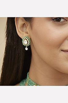 Gold Plated Moissanite Polki & Green Beaded Long Necklace Set In Sterling Silver
