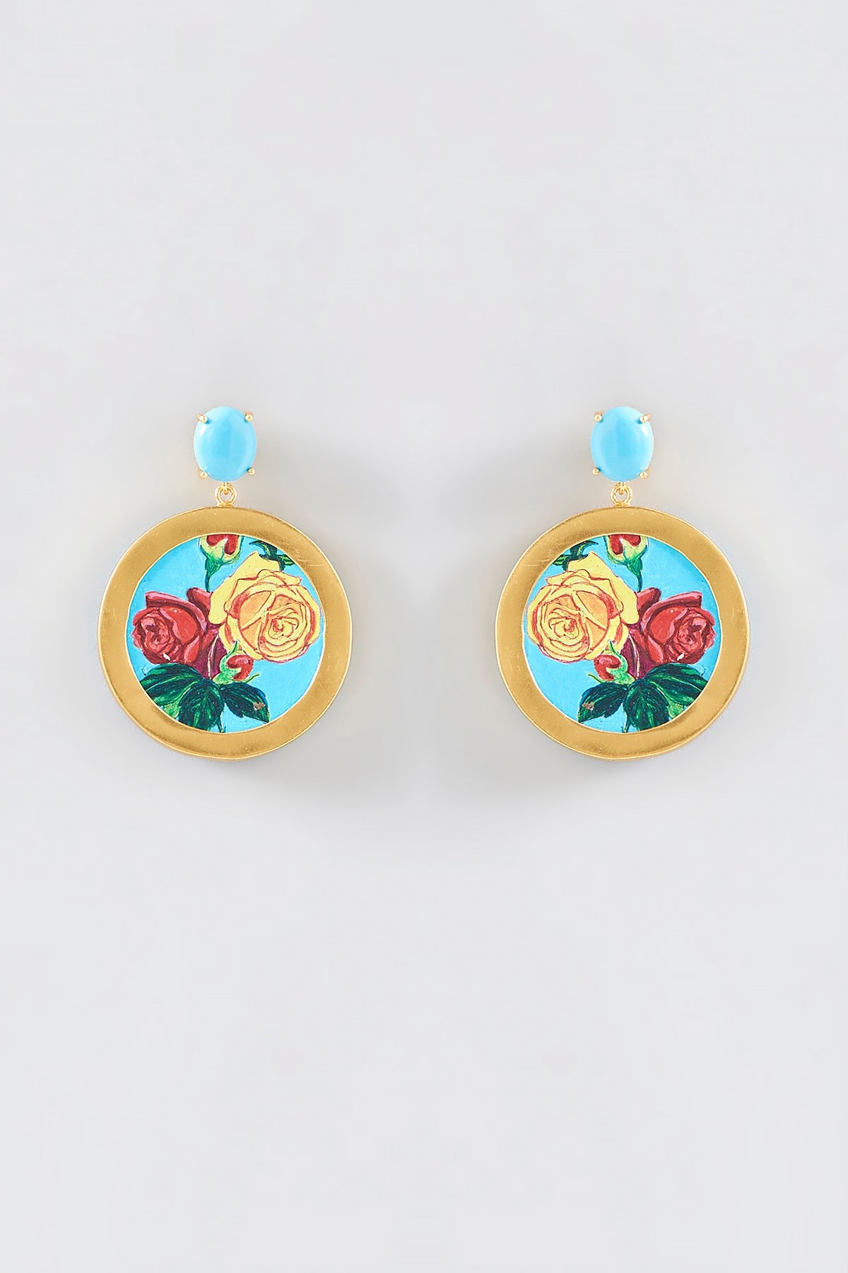 Gold Plated Floral Hand Painted Dangler Earrings