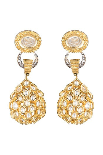 Gold Finish Long Kundan Earrings