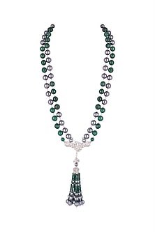 Silver Finish Green Stone Long Necklace