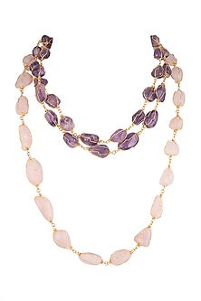 Gold Finish Purple & Blush Pink Stone Mala Necklace