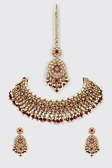 Gold Finish Maroon Bead & Kundan Polki Choker Necklace Set