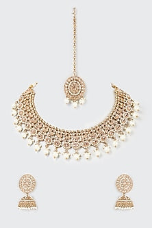 Gold Finish Kundan Polki & Pearl Choker Necklace Set