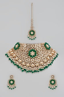 Gold Finish Kundan Polki & Green Stone Choker Necklace Set