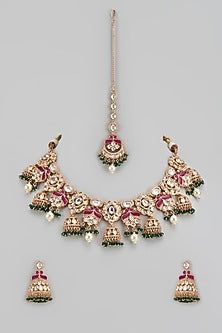 Gold Finish Kundan Polki & Ruby Stone Choker Necklace Set