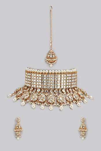 Gold Finish Kundan Polki Choker Necklace Set