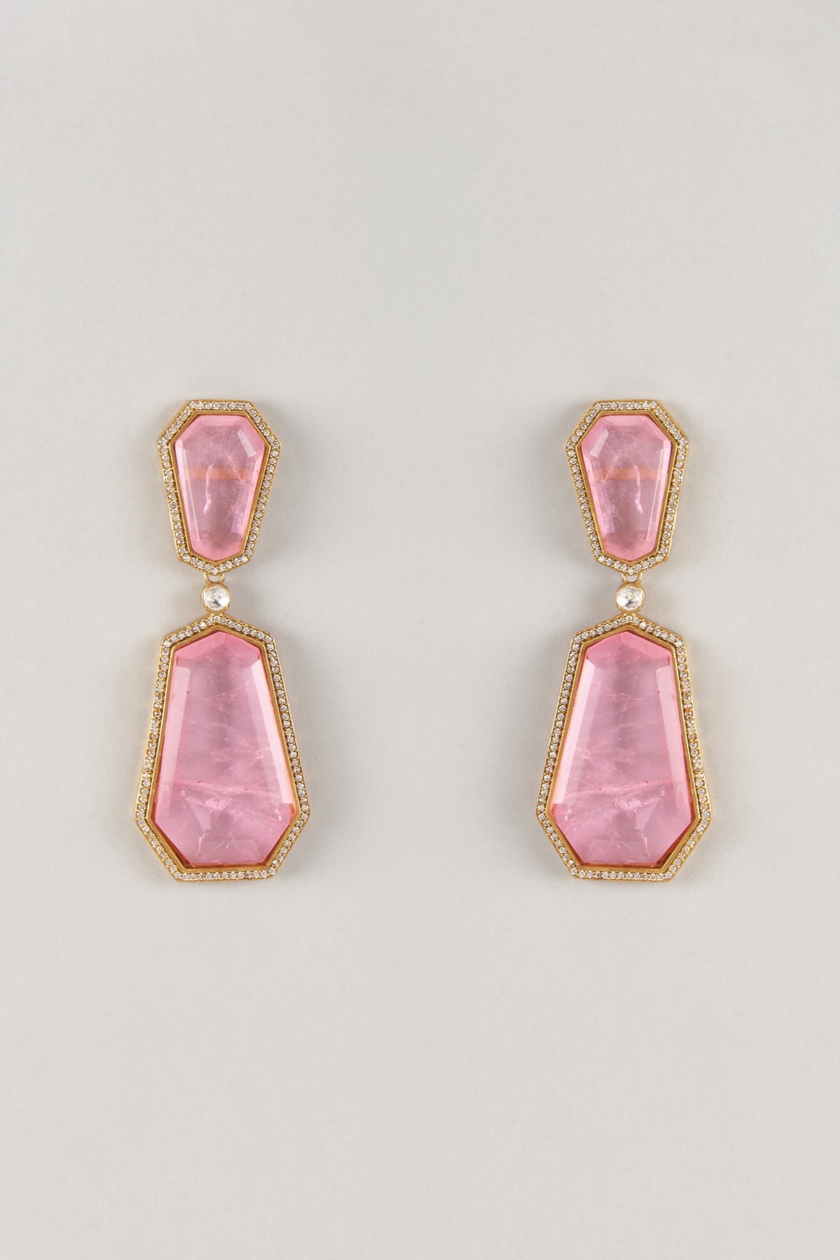 Gold Finish Zircon & Rose Quartz Stone Dangler Earrings