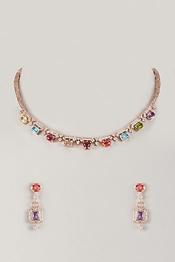 Rose Gold Finish Swarovski Zirconia & Multi-Colored Stone Necklace Set
