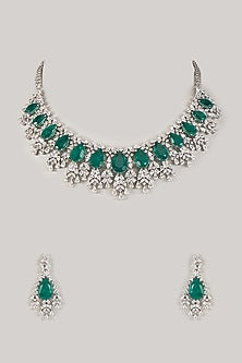 Silver Finish Zircon & Emerald Stone Choker Necklace Set