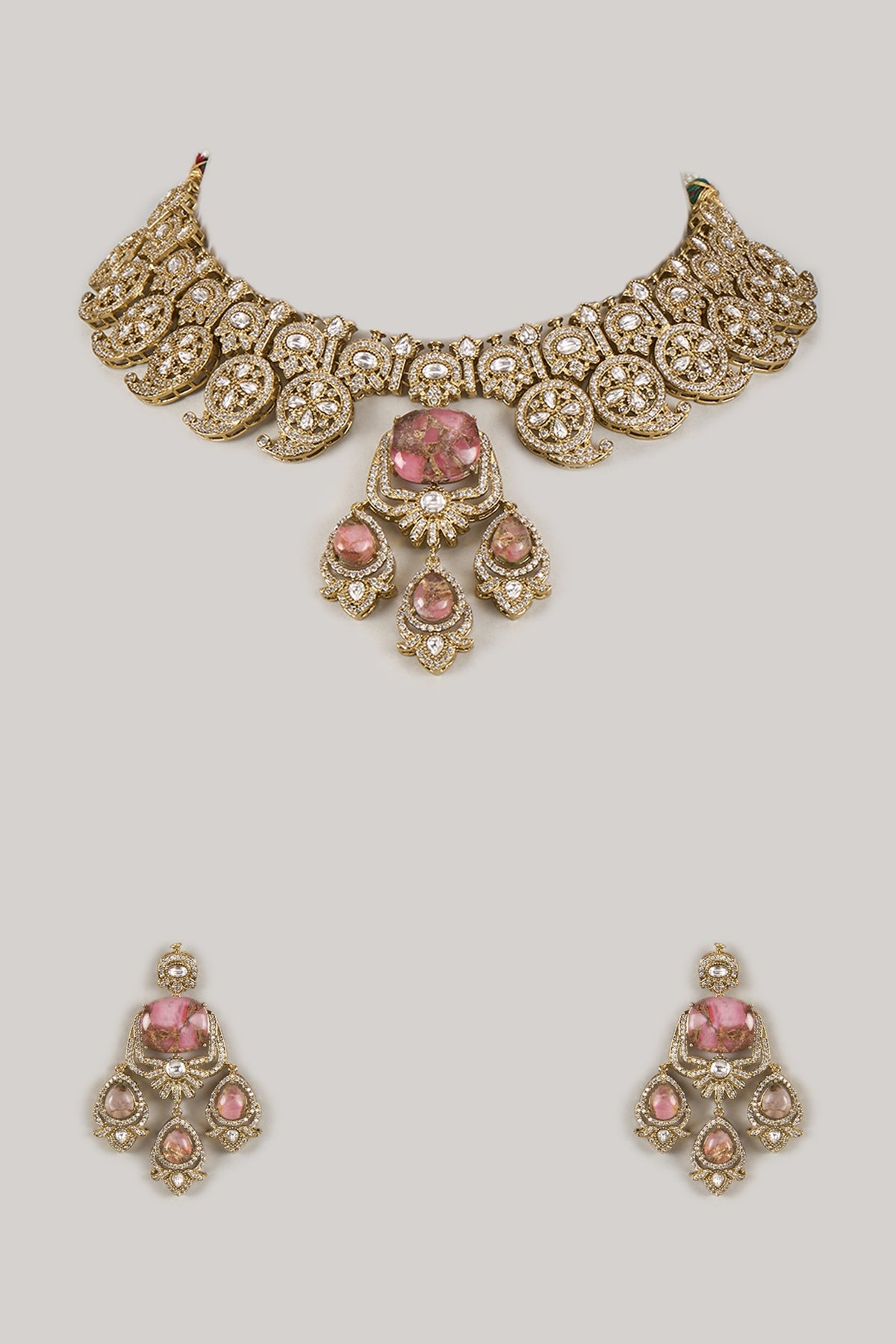 Gold Finish Zircon & Rose Quartz Stone Choker Necklace Set