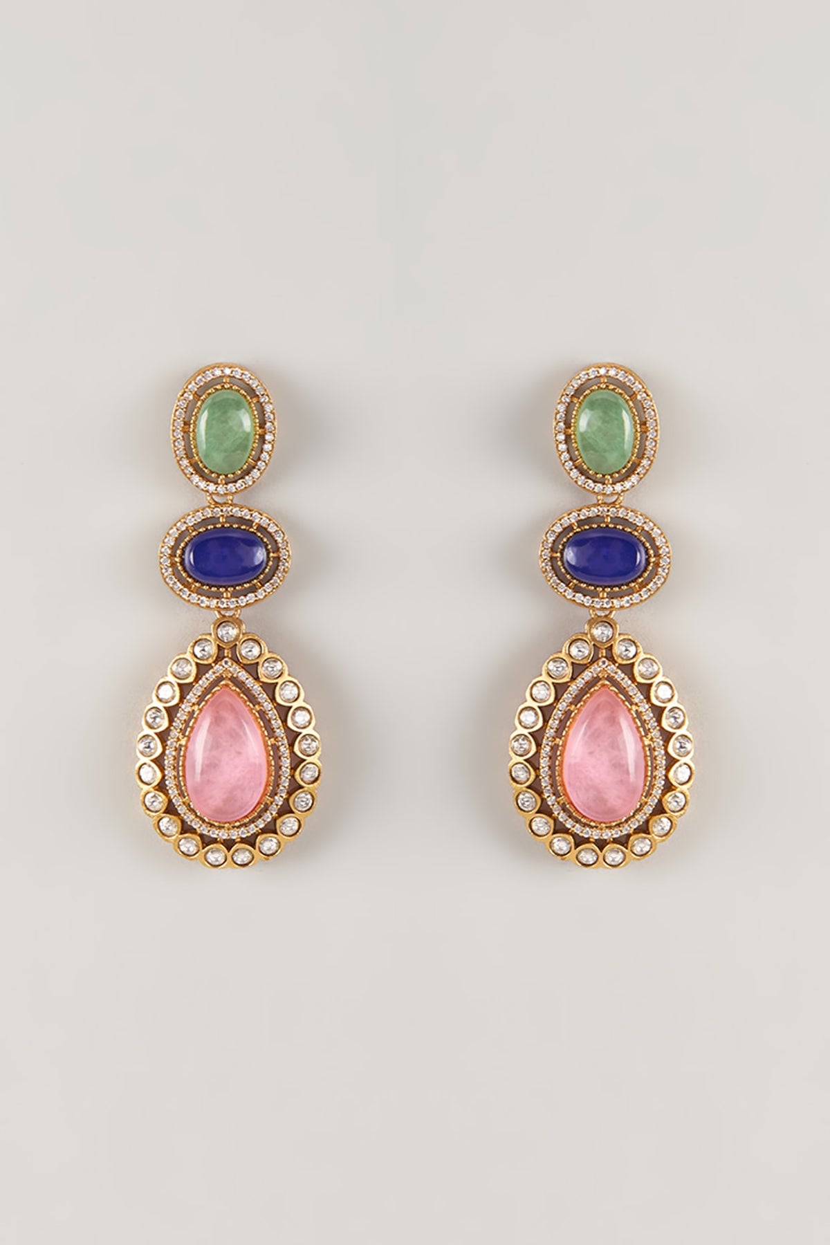 Gold Finish Zircon & Pink Sapphire Stone Dangler Earrings