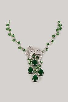 Silver Finish Zircon & Emerald Stone Long Necklace