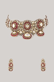 Gold Finish Kundan Polki & Ruby Stone Choker Necklace Set