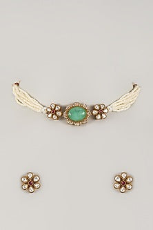 Gold Finish Zircon & Turquoise Blue Stone Choker Necklace Set