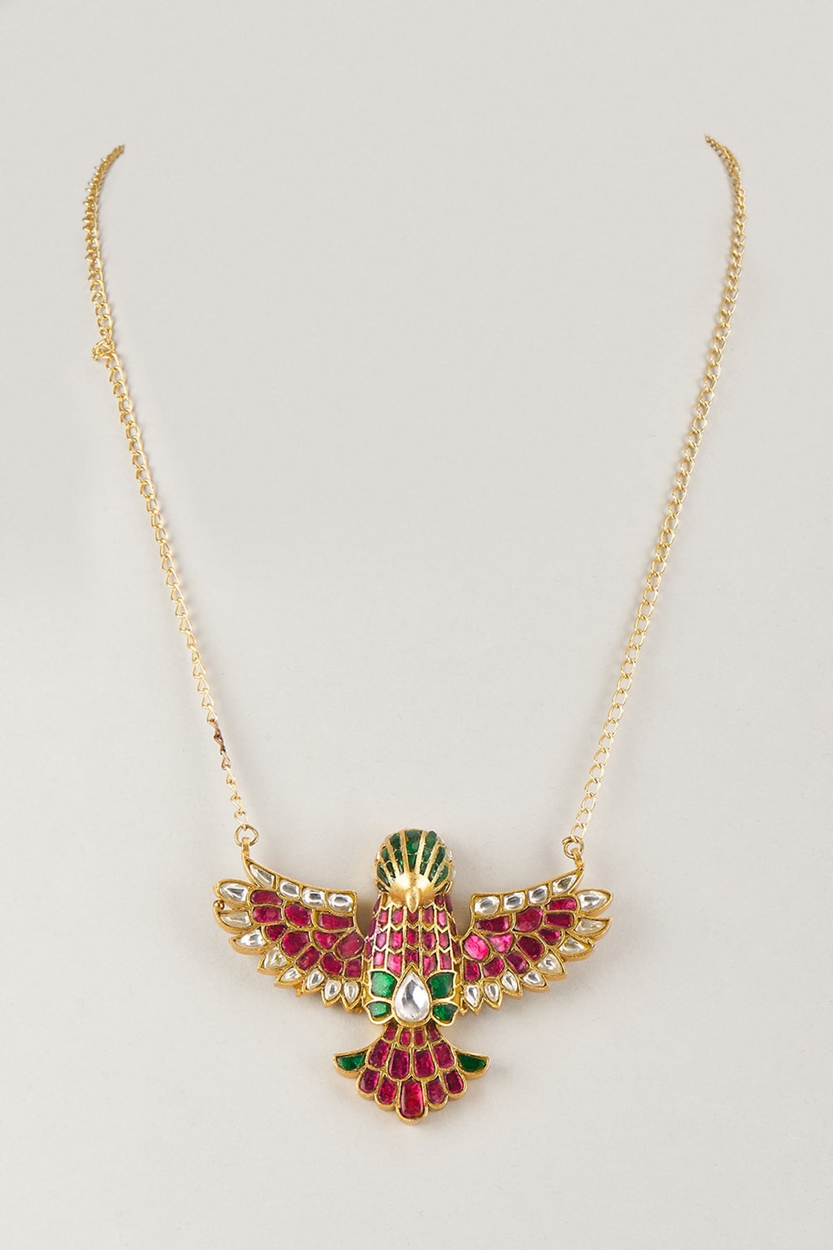 Gold Finish Kundan Polki & Ruby Stone Bird Pendant Necklace