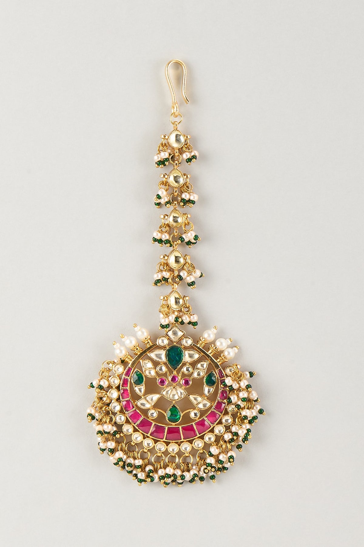 Gold Finish Kundan Polki & Ruby Stone Maangtikka